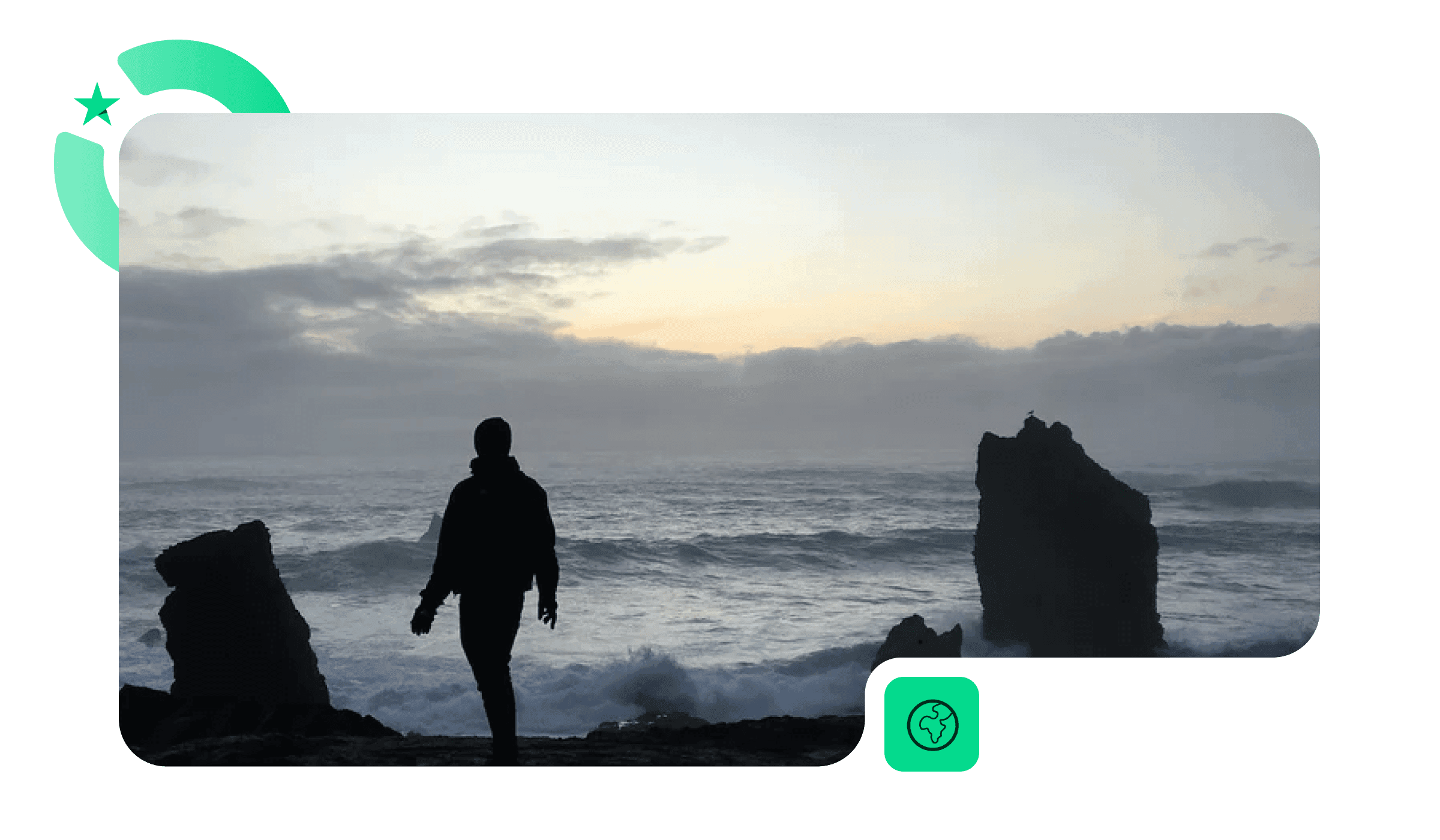 Silhouette of a person walking along a rocky coastline at sunset, with waves crashing and large rock formations in the sea.