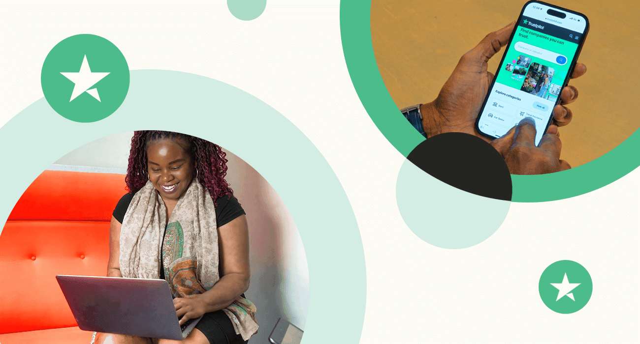 A graphic displaying two photos. One of a woman looking down at her laptop and smiling and another showing a close up of a person holding their smartphone in their hands and looking at the Trustpilot website