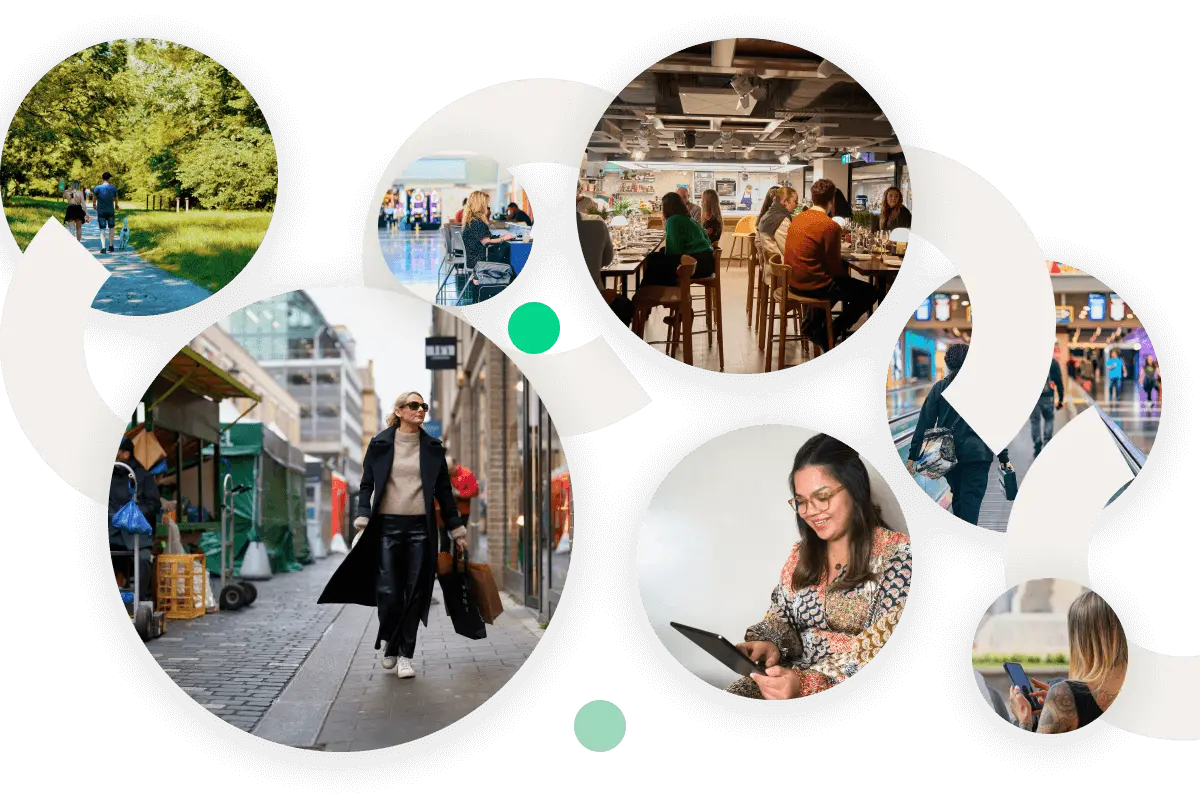 A collage of circular images showing diverse people in various urban and outdoor settings, including walking in a park, dining in a restaurant, shopping at a market, and working on a tablet.