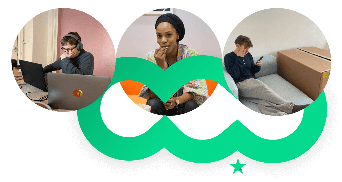 A graphic showing 3 intertwining circles, 3 images of 3 individuals and the Trustpilot star