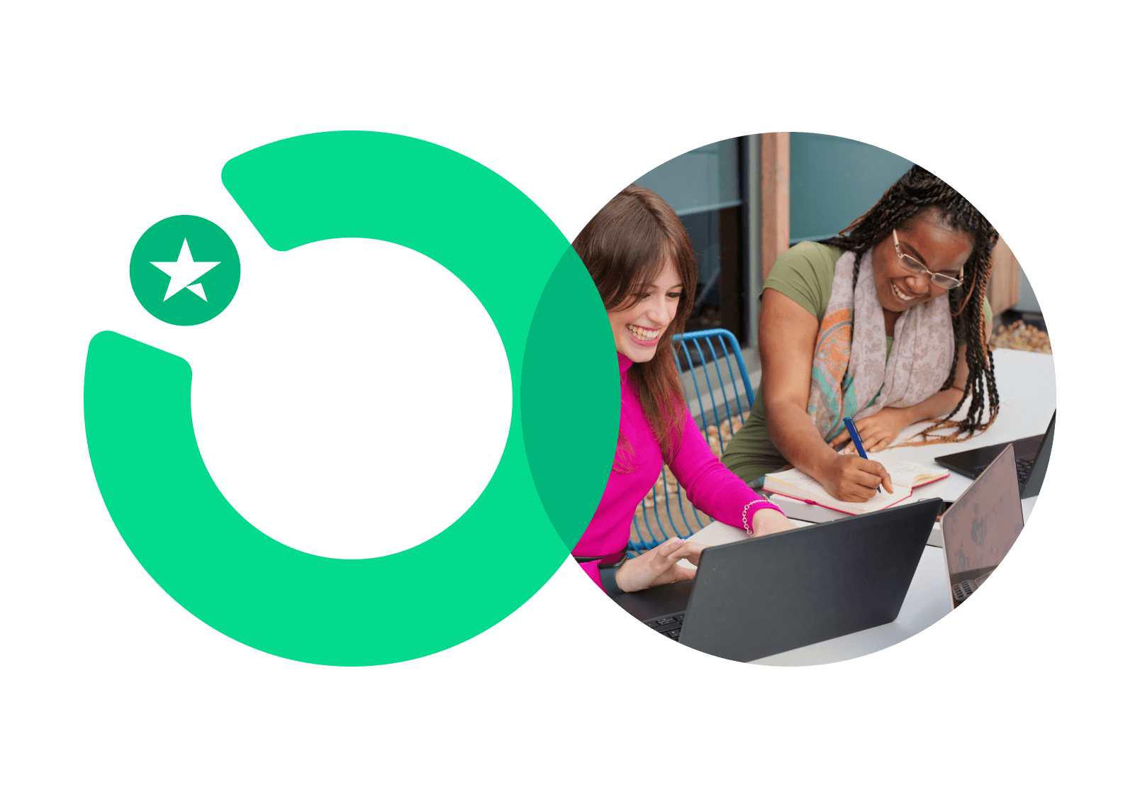 A circular graphic containing a photo of two professional women working at their desks